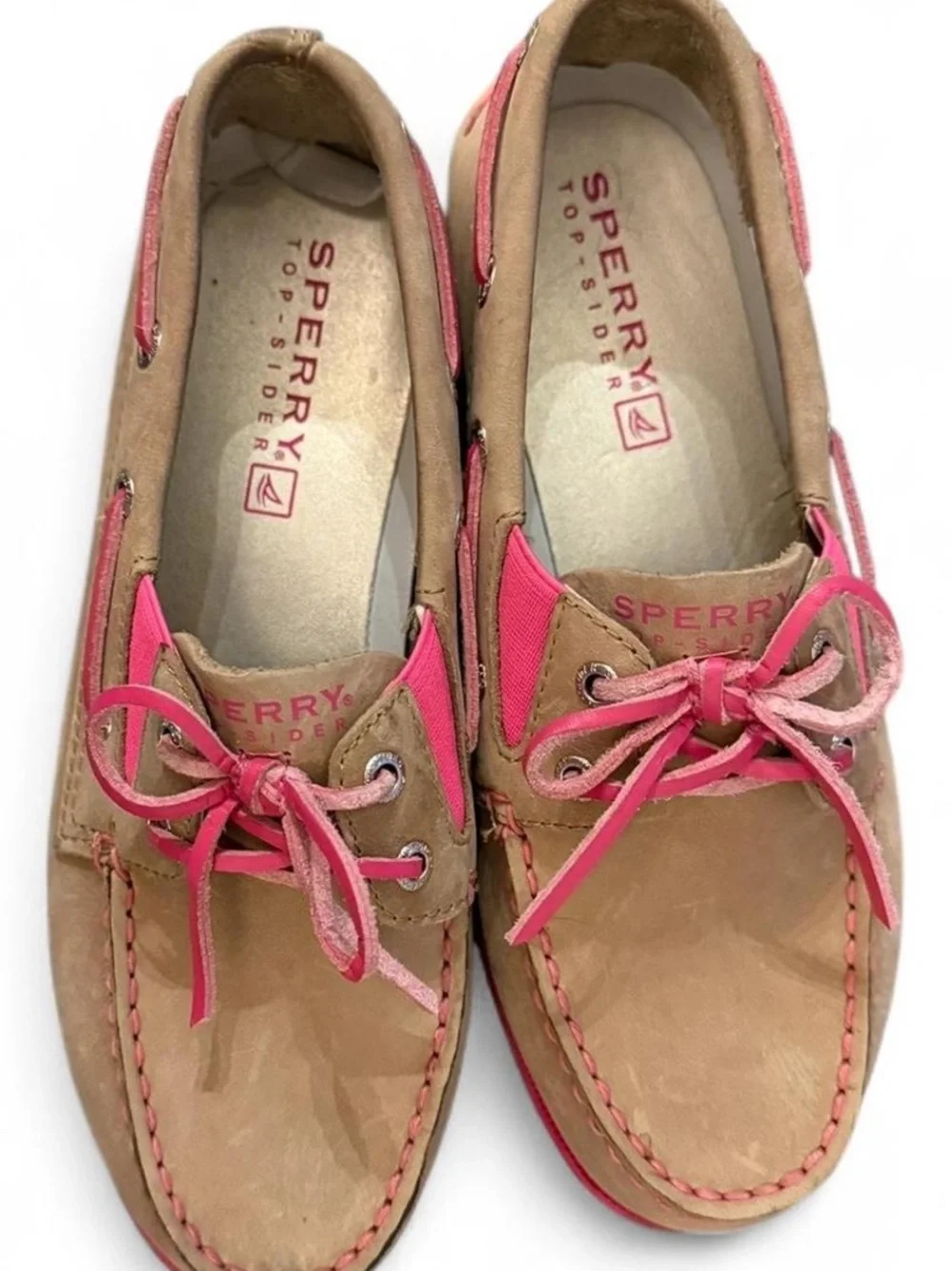 Sperry Kids Tan Leather Moccasins with Pink Accents